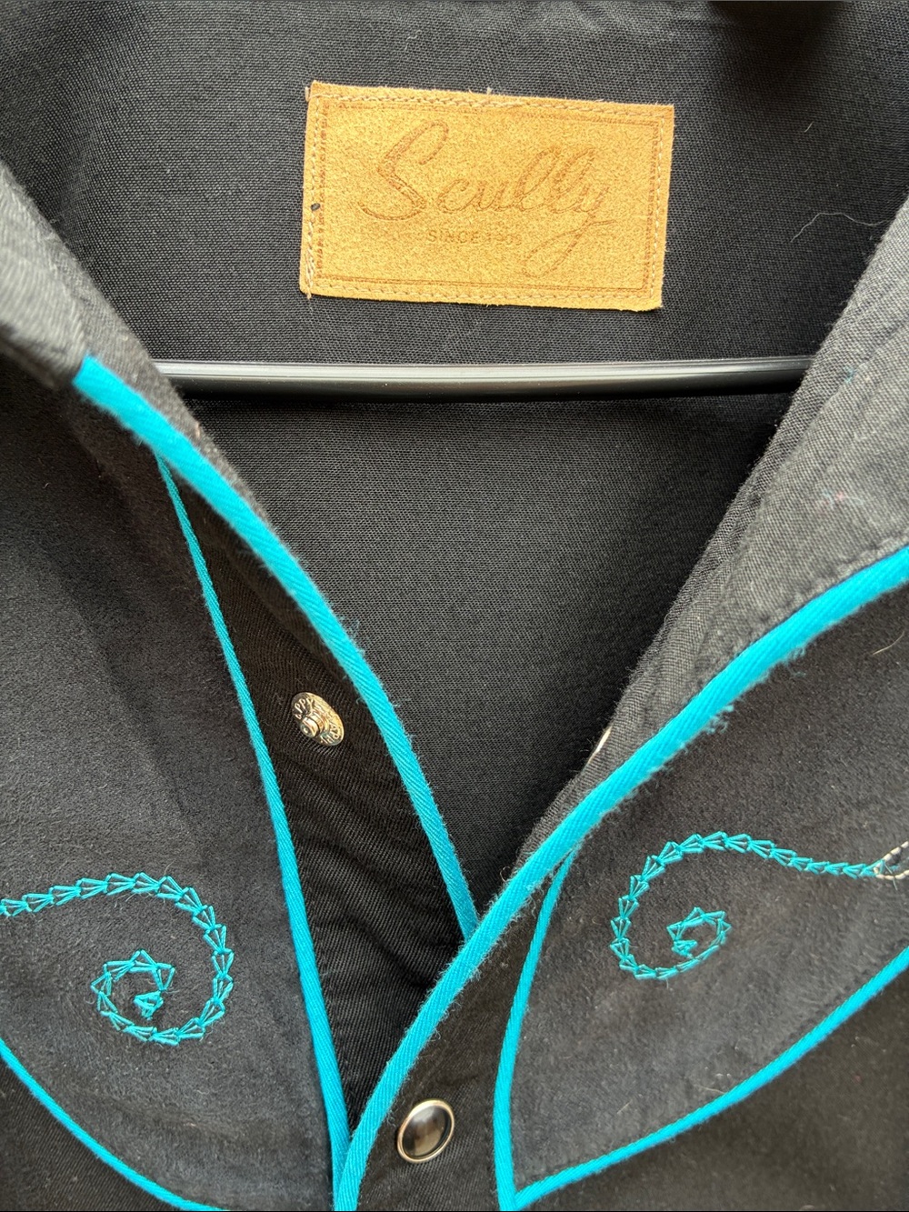 Scully Black Shirt with Turquoise Trim and Embroidery